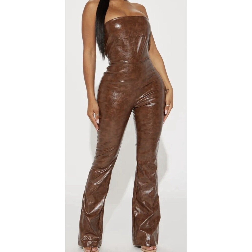 NWT Fashion Nova Faux Leather Strapless Wide Leg Jumpsuit Sz M